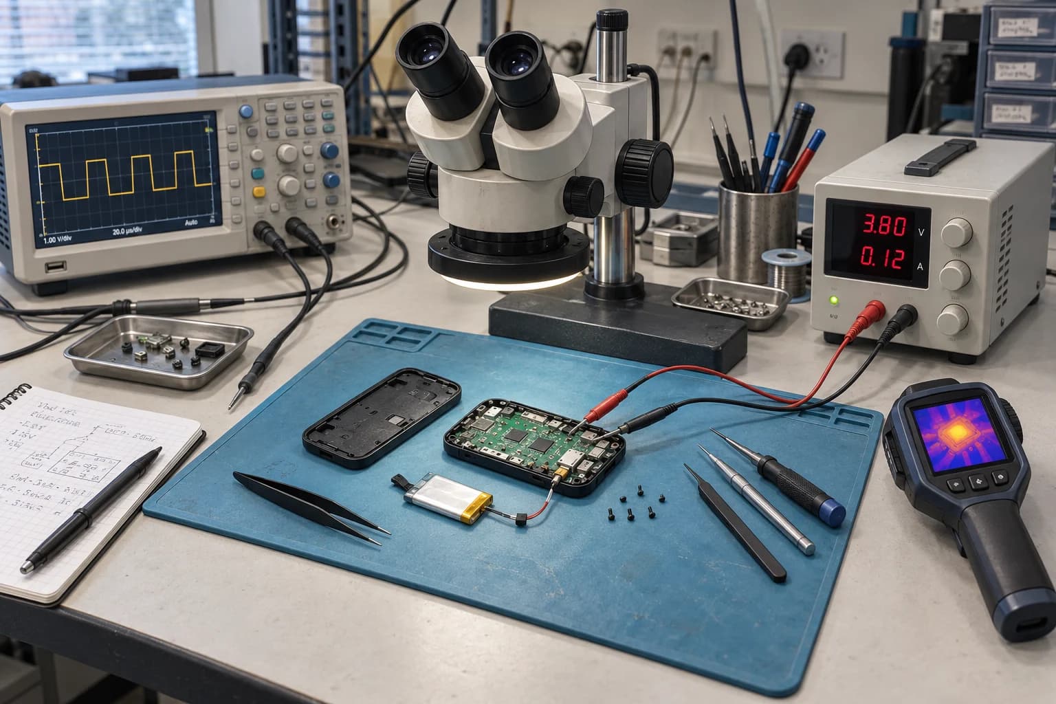 Generated view of an electronics bench with a stereo microscope, an opened device, an oscilloscope, a bench power supply and a thermal camera.
