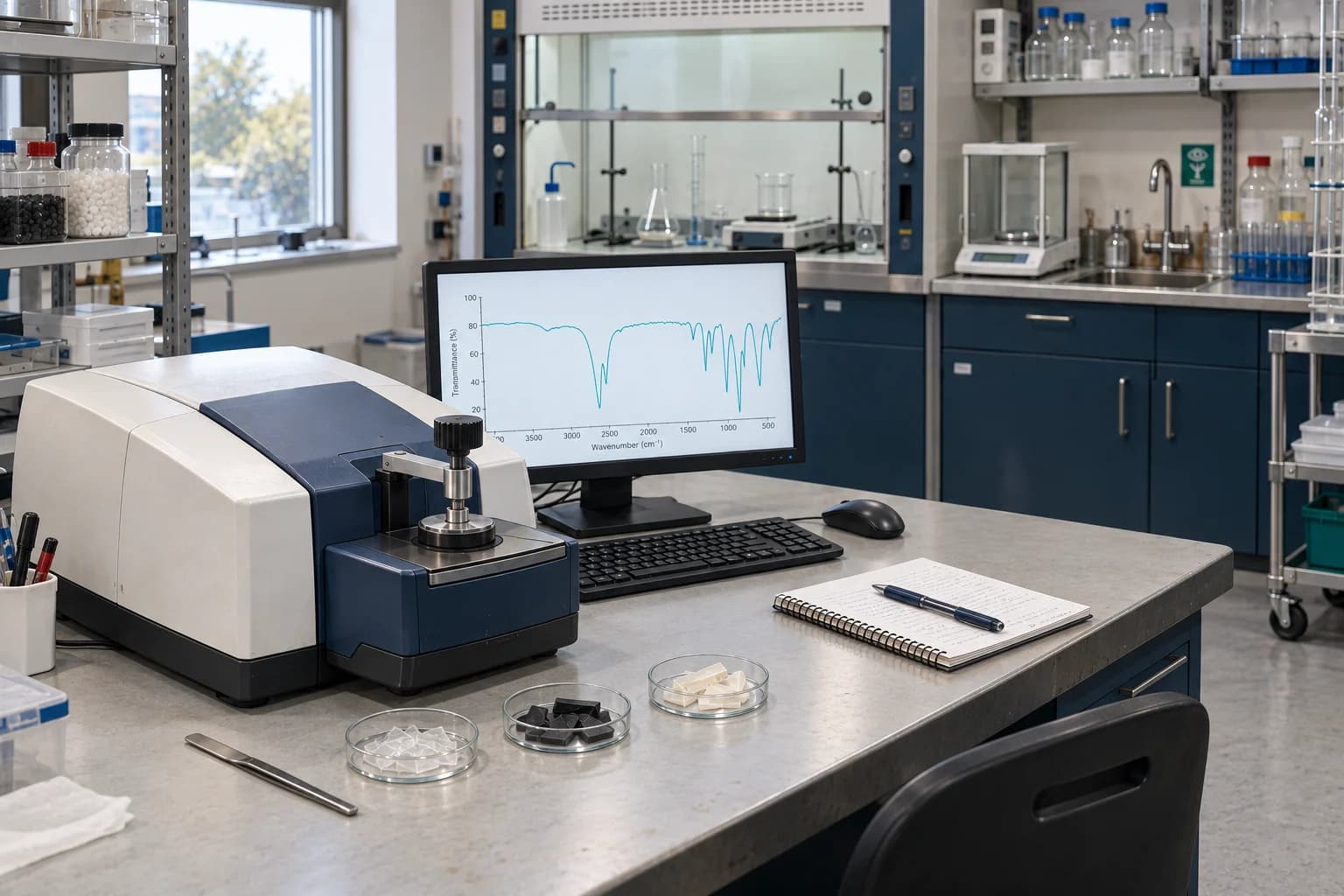 Generated view of a materials workspace with an FTIR spectrometer and polymer samples, beside a separate wet-lab bench and fume hood.